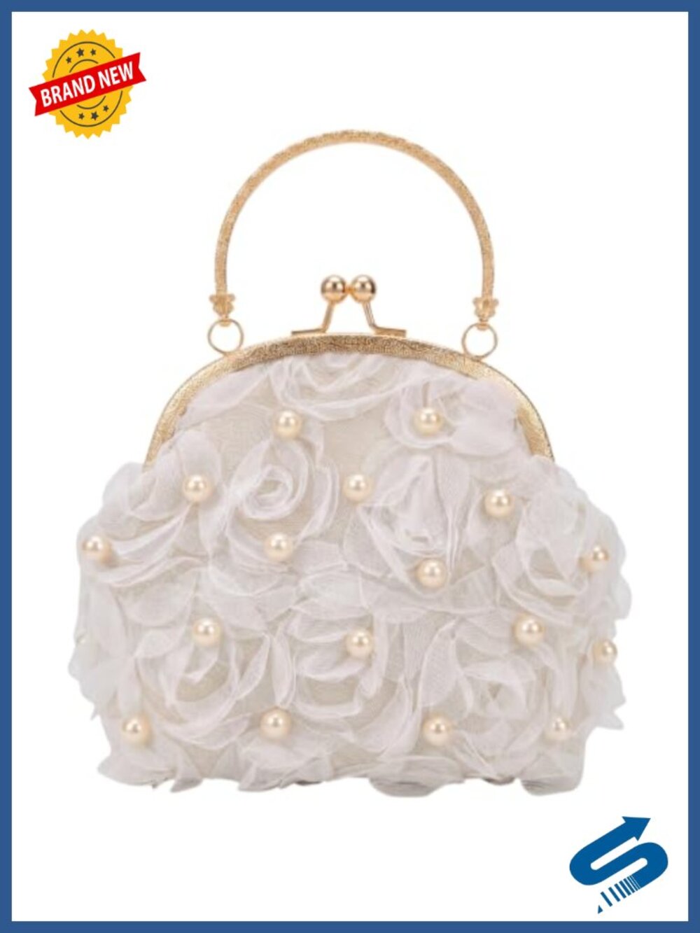 Elegant Floral Pearl Handle Kiss Lock Clutch Evening Bag